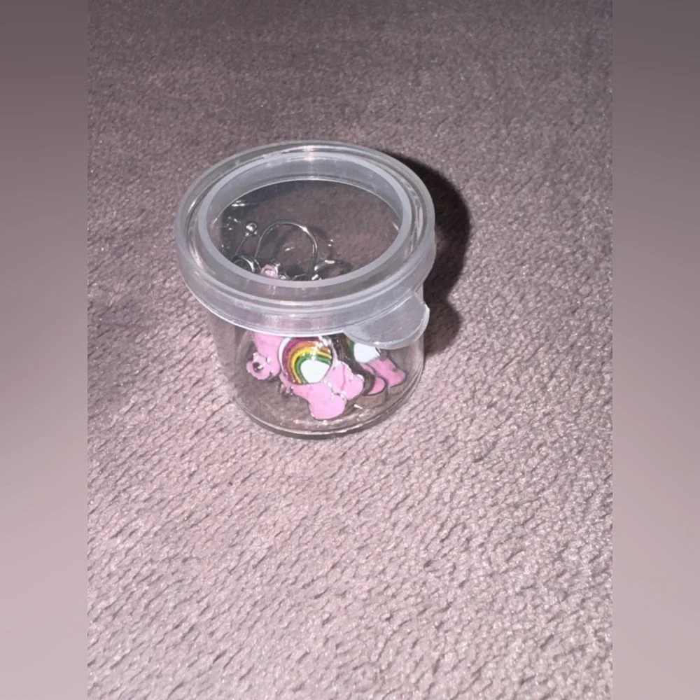 Pink Bear Earrings with Rainbow Design